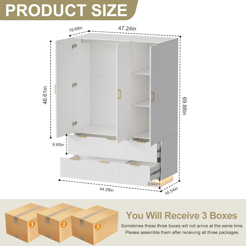Armoire Wardrobe Closet with 3 Door, Mirror, LED Lights | Hanging Rod, Drawers, Bedroom Armoires - Large Capacity