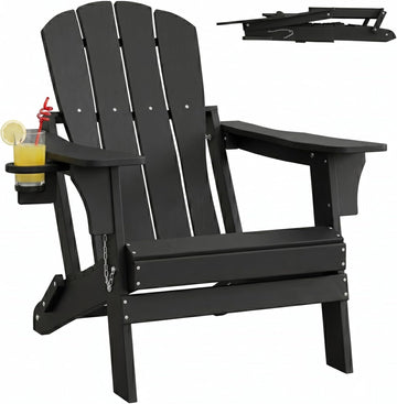 Folding Adirondack Chair with Cup Holder - All-Weather HDPE Outdoor Chair, Ultra-Portable Lawn Chair with Ergonomic