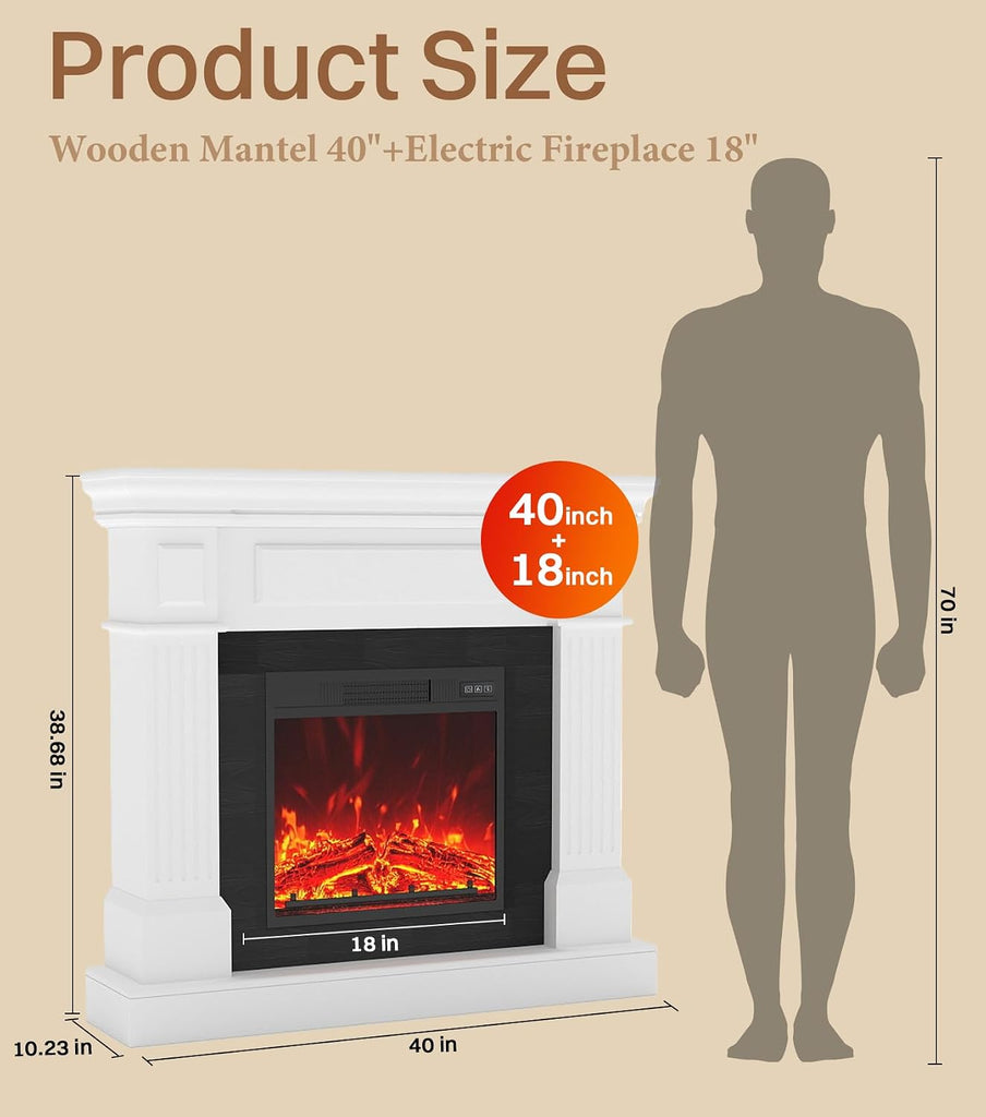 40" Electric Fireplace with Mantel, TV Stand＆Freestanding Fireplace, 18 inch Electric Fireplace Heater with 4 Flame
