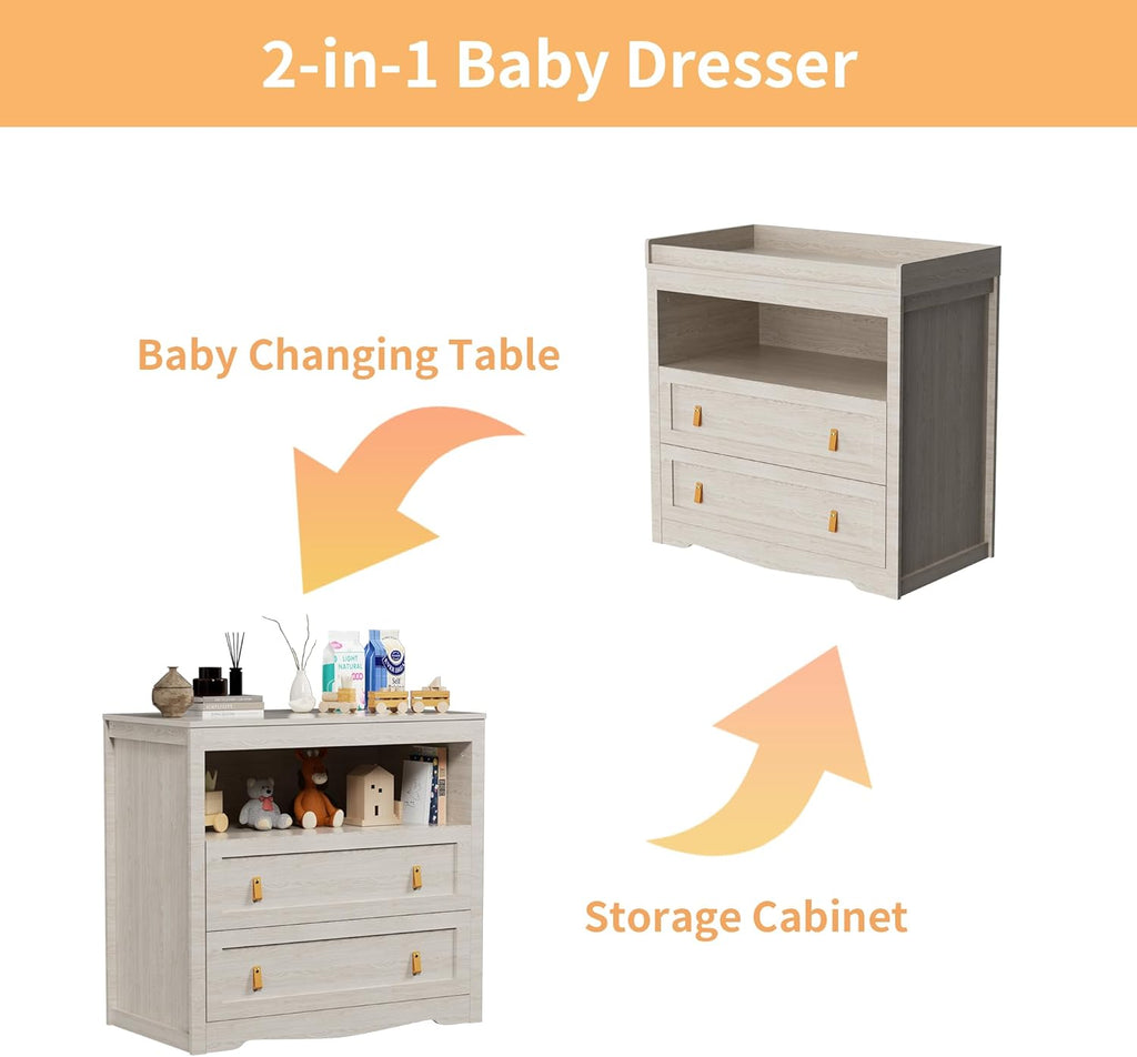 Baby Dresser 35.4"Diaper Changing Station with Changing Table Top Beige
