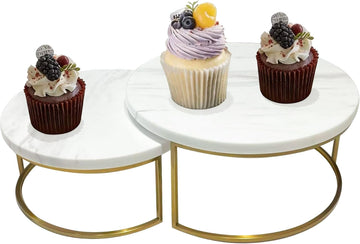 2-Piece Round Marble Cake Stand Set - 9.5 and 7.9 Inch Marble & Gold Dessert Display for Wedding, Party Decor - Set of 48