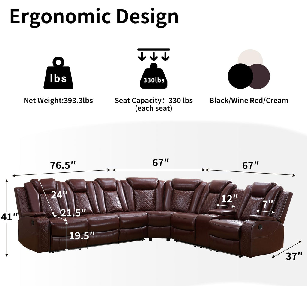 Power Recliner Sofa Sectional Couch with LED Light, Burgundy Leather Reclining Corner Sectional Sofa with 3