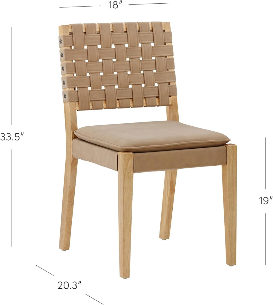 Wood Dining Chair, Mid-Century Modern Upholstered Side Chair with Hand Woven Faux Leather Backrest, 20"D x 18"W