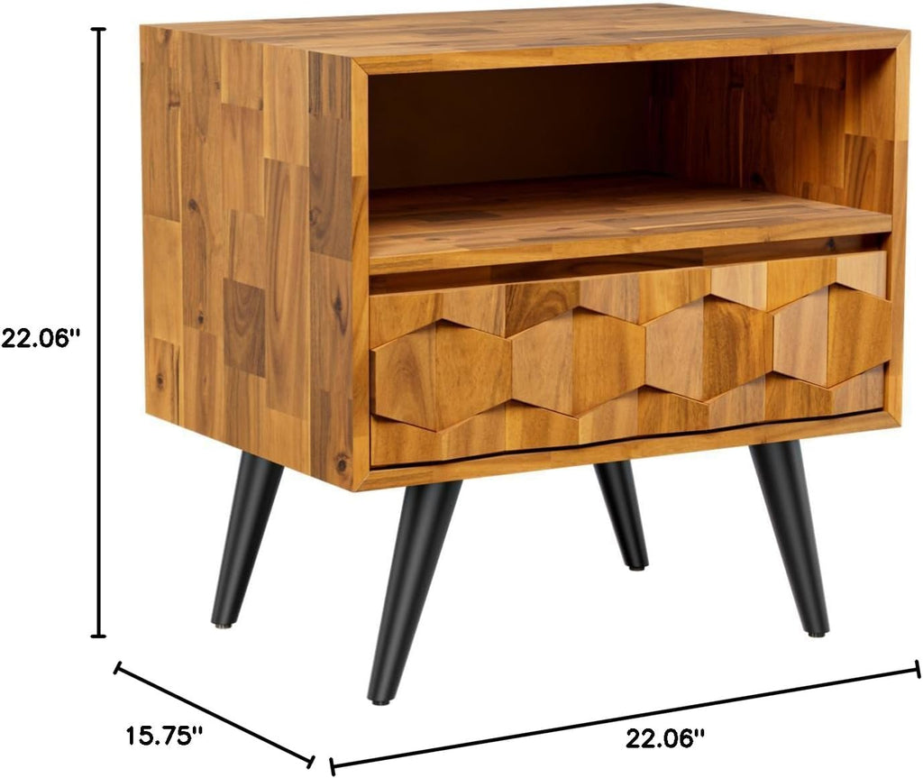 Georgina Solid Wood Nightstand With 1 Drawer & Open Shelf- Fully Assembled Mid Century Modern Side Table - Geometric