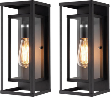 14" Classic Outdoor Wall Sconce 1 Light in Matte Black Rectangular Metal Frame and Clear Glass Shade Waterproof Porch