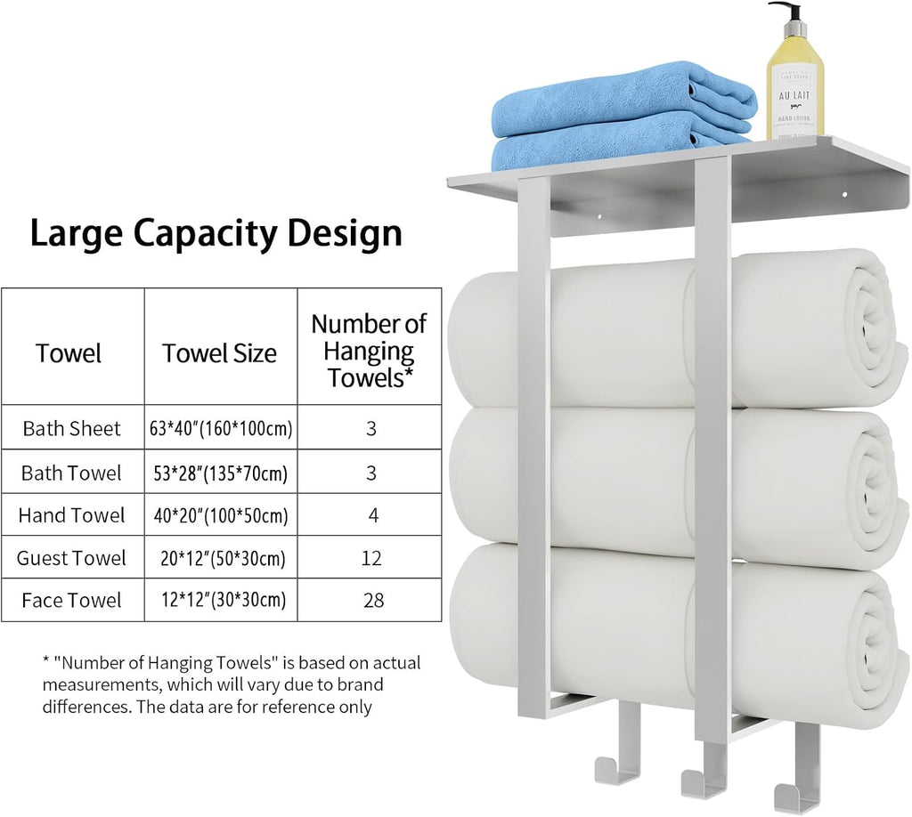 Towel Rack Wall Mounted with 3 Hooks , Brushed | Stainless Steel Towel Storage for Small Bathroom, for Rolled Bath