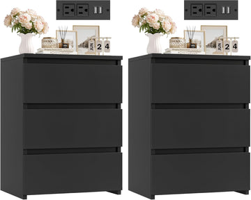 Nightstands Set of 2, 26" H Tall Black Night Stand with Charging Station & 3 Drawers, Modern Bedside Table Set 2 with