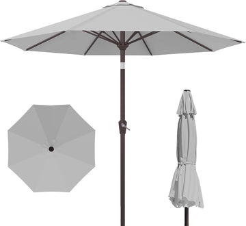 9FT Outdoor Patio Umbrella, Round Market Table Umbrella with Push‑Button Tilt and Crank Lift, 8 Sturdy Metal Ribs