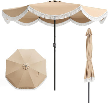Patio Umbrella with Fringe, Boho Scalloped Canopy & Crank Lift - Beige 9 FT