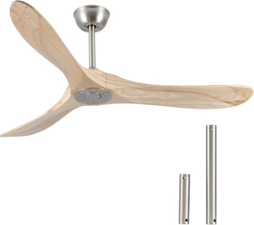 Inspired Maverick Style 52" Modern Ceiling Fan, No Light, 6-Speed, Reversible, Timed Shutdown, DC Motor, Natural Wood 3 Blade, Porch, Bedroom, Living Room