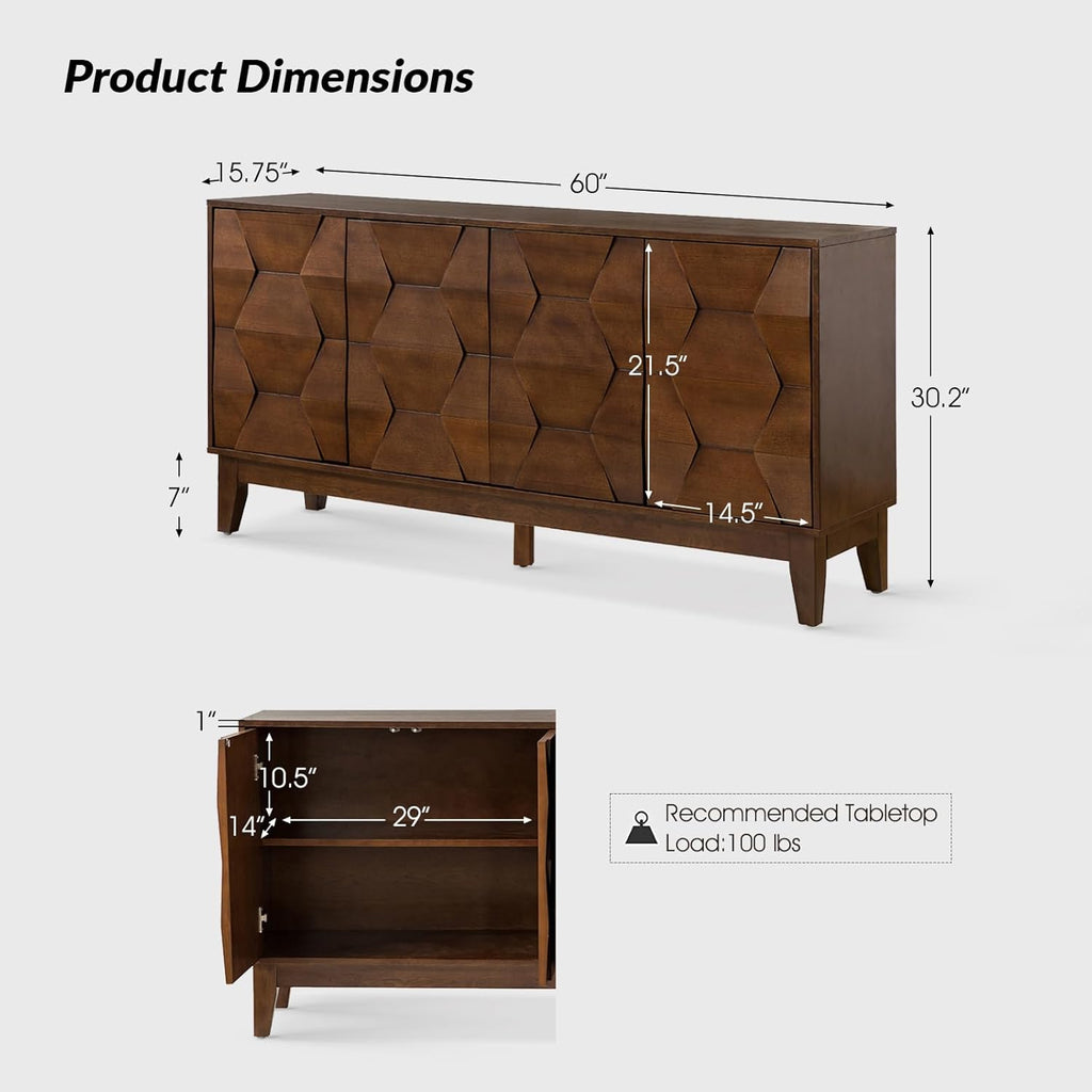 Mid Century Sideboard Buffet Cabinet with Solid Wood Legs