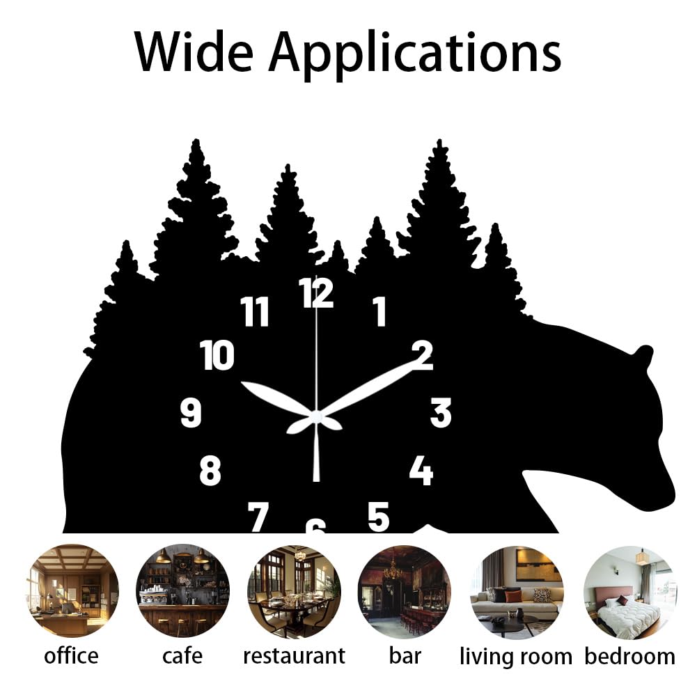 Bear Carrying Forest Pattern Wall Clock 15.2 Inch Wood Grain Non-Ticking Irregular Shape Clocks Wall Hanging Clock