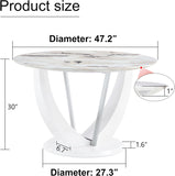 47" Round Dining Table for 4-6, White Faux Marble Kitchen Table with Wood Pedestal, Modern Circle Dinner Tables for