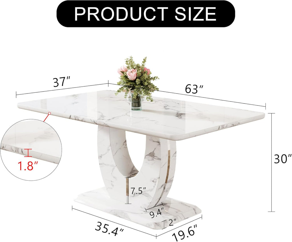 63" Faux Marble Dining Table, Modern Rectangular Kitchen Table with 1.8'' Thick MDF Tabletop, Rounded Corners, Stable