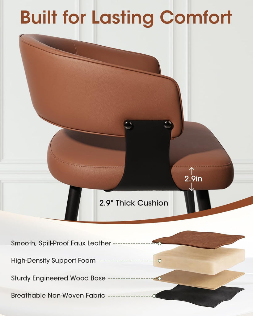 Dining Chairs Set of 2, Modern Upholstered PU Leather Kitchen & Dining Room Chairs with Curved Open Back Metal Legs