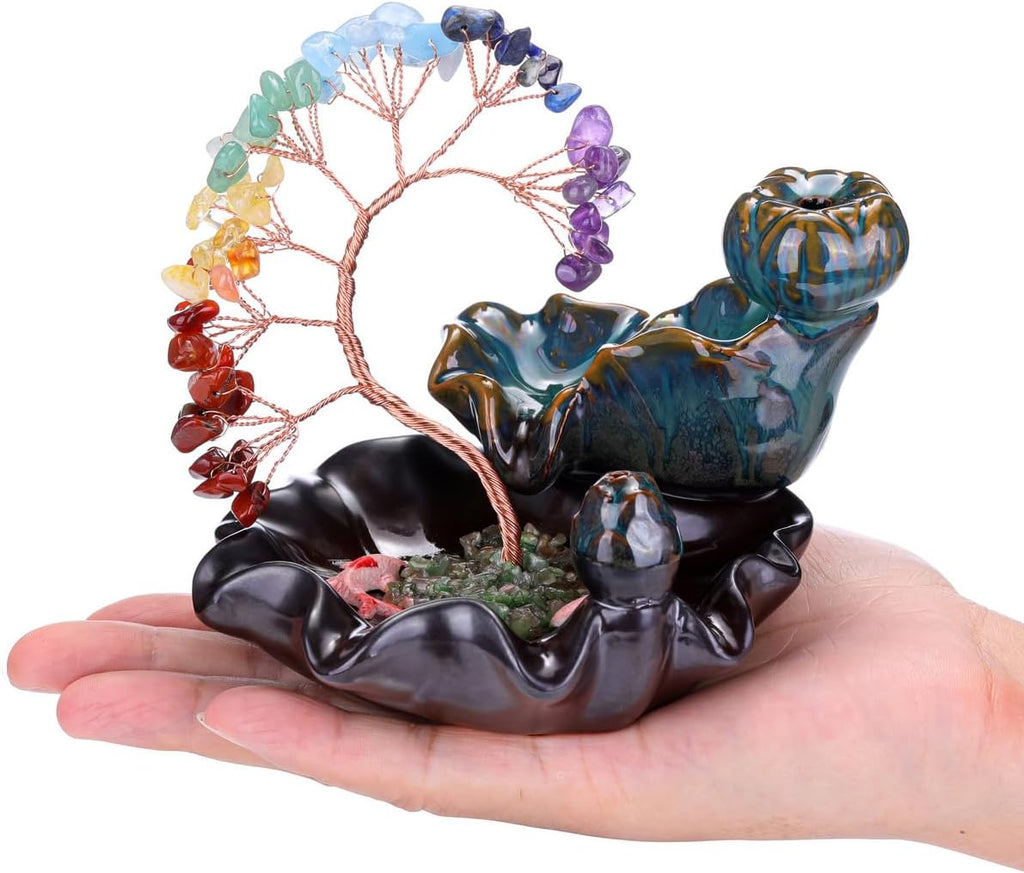 Backflow Incense Burner Ceramic Incense Waterfall,7 Chakra Stones Healing Crystal Money Tree Incense Holder
