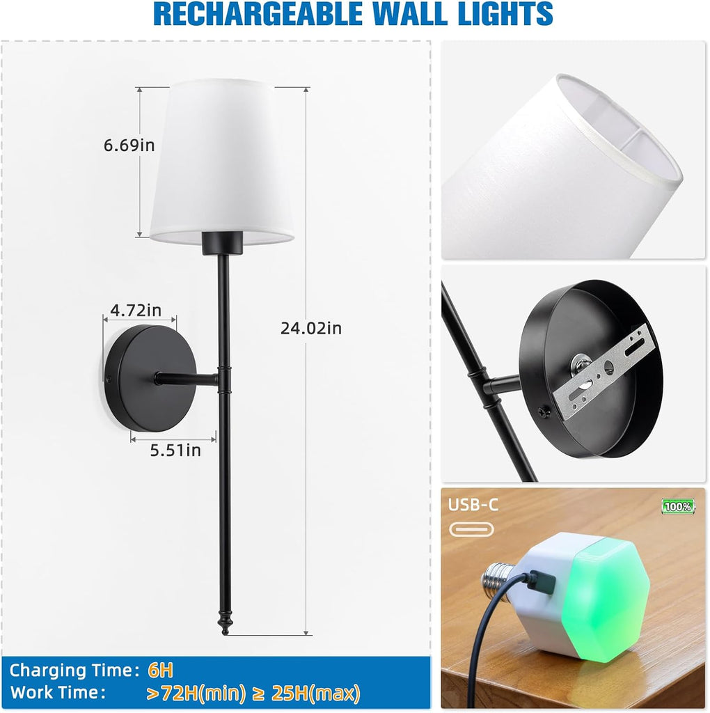 Battery Operated Wall Sconce Set of 2,Black Rechargeable Wall Lights with 10400mAh Dimmable Bulbs and Remote,10