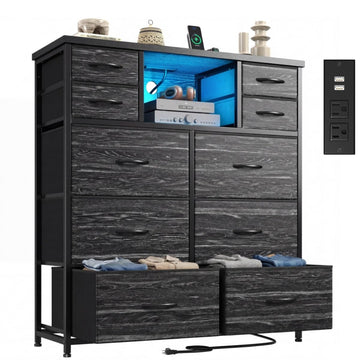 Black Dresser with Charging Station & LED, 10 Drawers
