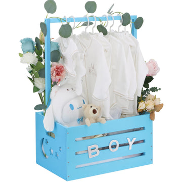 Wooden Baby Shower Crate Closet, Baby Shower Basket with Handle & Rack Hangers & Garland & Letter Cards Wooden Crate