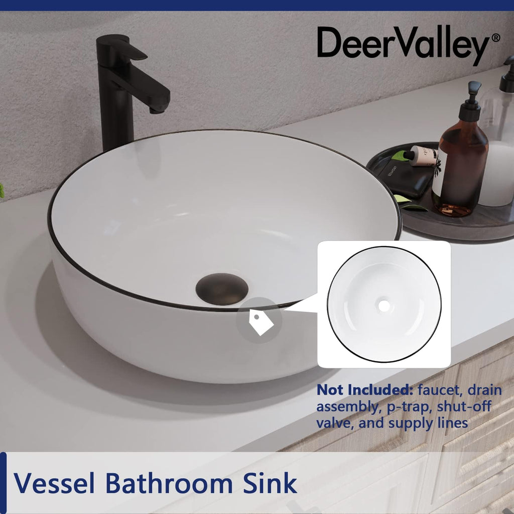 16'' Round Vessel Sink, Bathroom Sinks Above Counter White Ceramic Bathroom Vessel Sinks