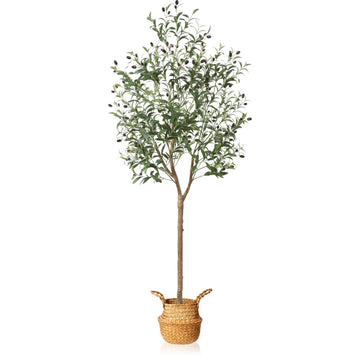 Artificial Olive Tree 6FT - Tall Faux Tree with Realistic Silk Leaves, Handmade Seagrass Basket, Low-Maintenance