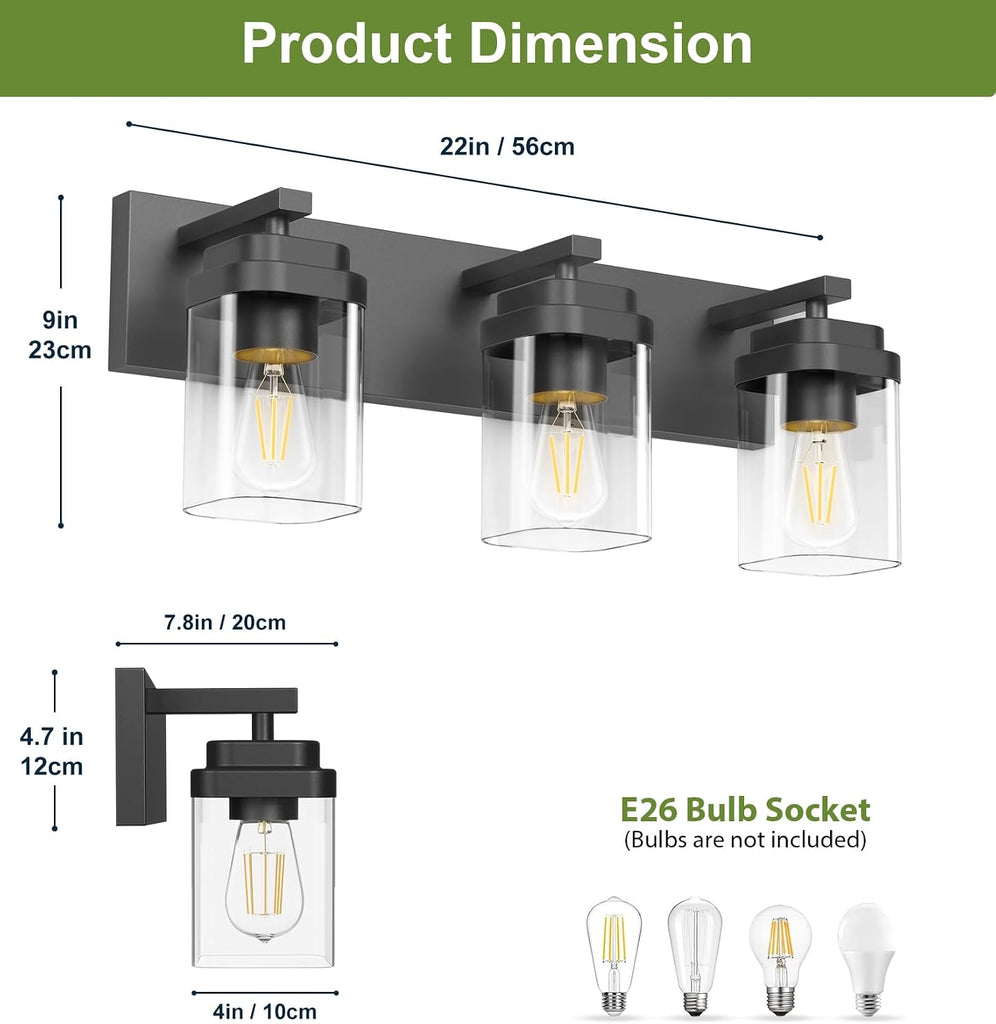 Black Bathroom Light Fixtures, 3 Lights Bathroom Lighting Fixtures Over Mirror, Square Design & Rectangle Large