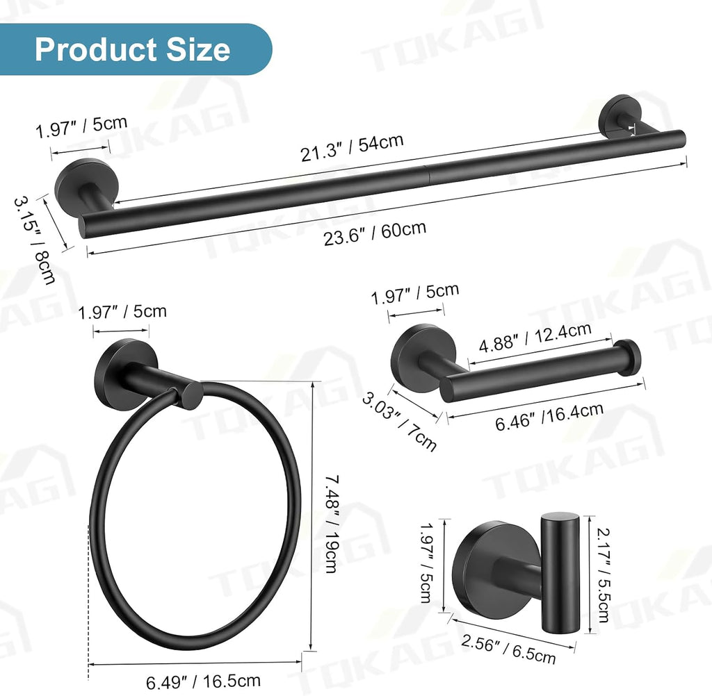 Matte Black Bathroom Hardware Set 5 Pieces, SUS304 Stainless Steel Towel Bar Set Round Bathroom Towel Rack Set Wall