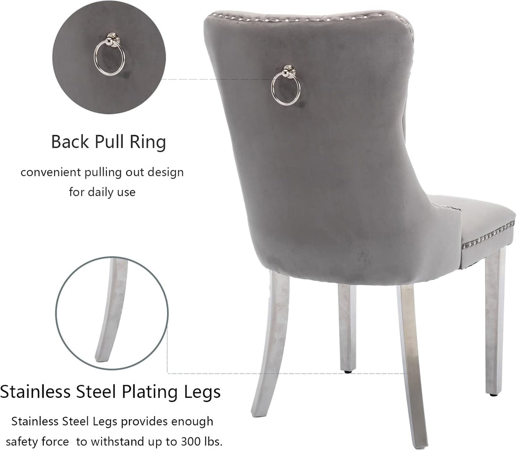 Grey Velvet Dining Chairs Set of 4, Tufted Back, Silver Metal Legs | Ring pull; wing back; nailhead trim; spring and