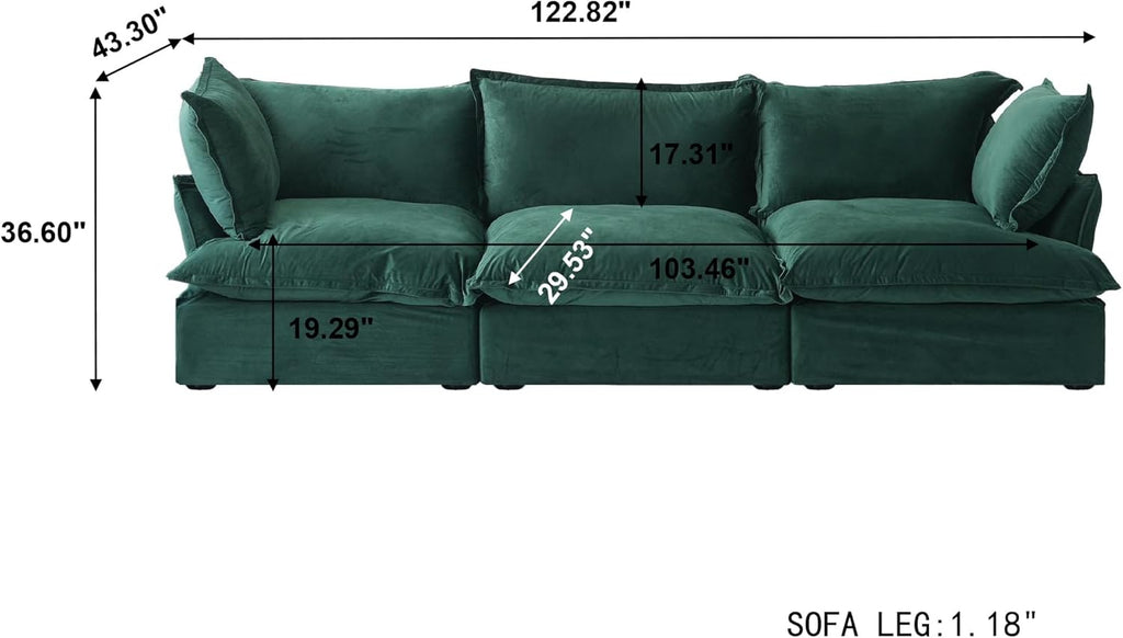 122.82" Cloud Sectional Couch for Living Room, Modular 3 Seats Sofas, Convertible Sectional Couches, Cushion Covers Removable, Two Corners and One Middle Sofa for Living Room (Green)