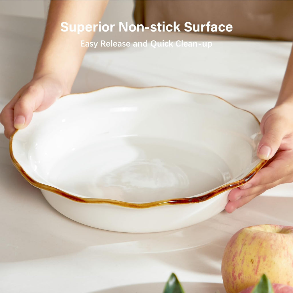 9 Inch Ceramic Pie Pan, Fluted Baking Dish with Brown Glaze Rim, Oven Safe