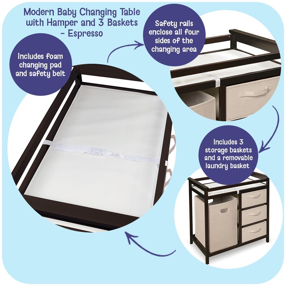 Modern Baby Changing Table - Diaper Changing Station with Laundry Hamper, 3 Storage Drawers, Changing Pad, and Safety