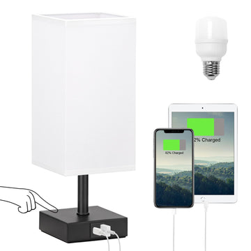 Touch Table Lamp - Dimmable, USB C+A, White Lamphade Black Base