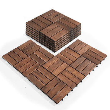 Premium Acacia Wood Interlocking Deck Tiles - Set of 9 pcs, 12"x12", Waterproof Outdoor Patio Flooring