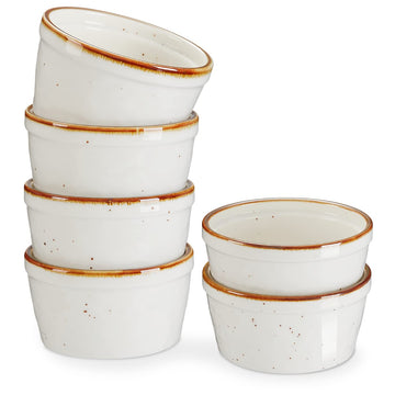 8 oz Oven Safe, Ceramic Small with Brown Rim for Baking, Speckled Cute Ramekin Set for Creme Brulee, Sauces, Desserts