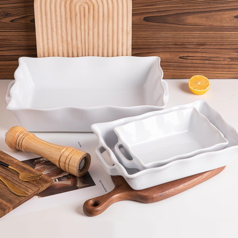 Casserole Dishes for Oven, Ceramic Bakeware Set of 3, Rectangular dish with Handles, Wave Edge Lasagna Pan Deep for