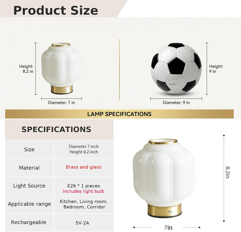 Mushroom Lamp, Cordless Rechargeable Table Lamp with Brass Base & White Glass Shade, 4W Dimmable Bedside Table Lamp
