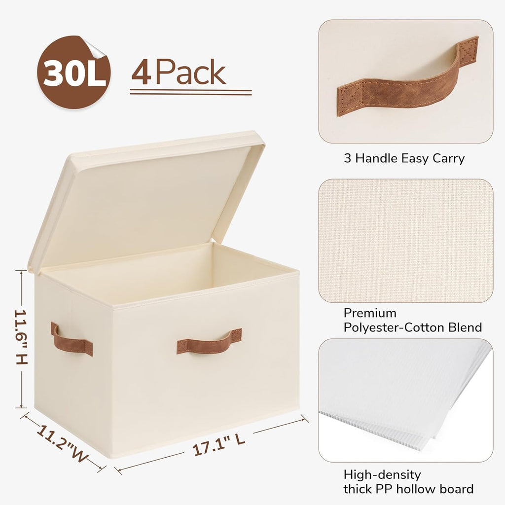 4-Pack Large Fabric Storage Bins with Lids for Shelves, Ivory | 17.1" x 11.2" x 11.6" Decorative Storage Boxes with