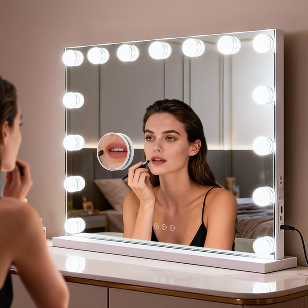 Hollywood Vanity Mirror with Dimmable 15LED Bulbs Lights 3 Lighting Modes 2in1 Large Lighted Makeup Mirror for Desk
