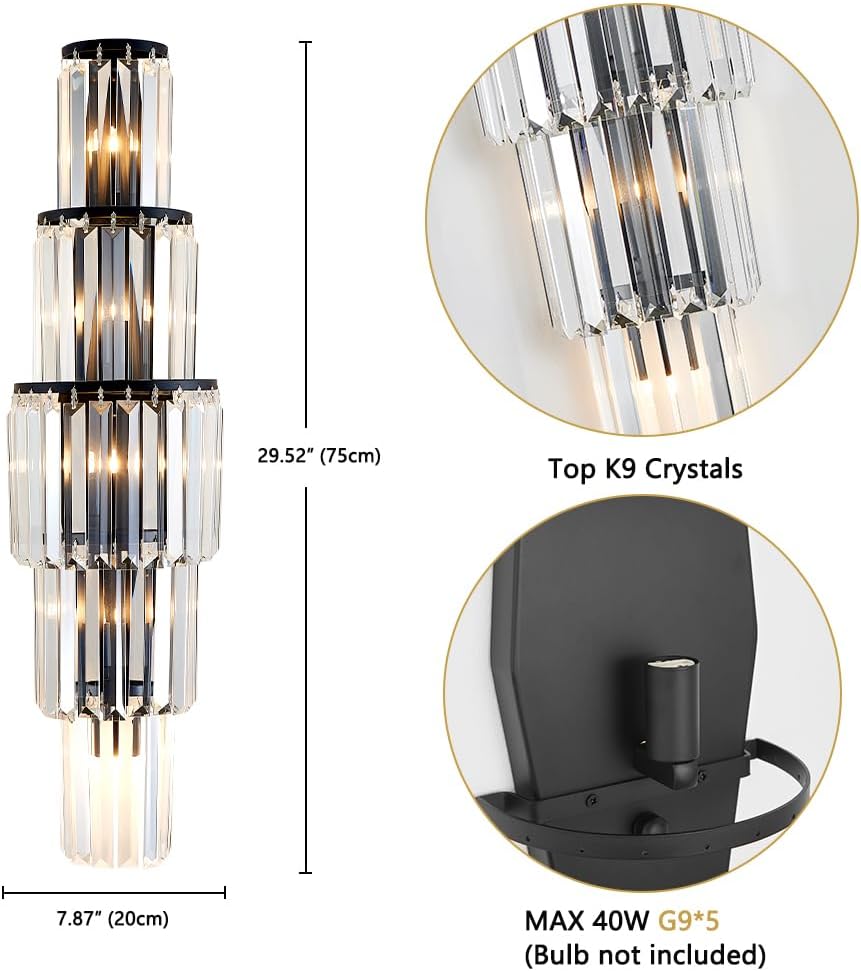 29.5 inch Modern Wall Sconce Crystal Vanity Wall Sconce Lighting 5-Light Black Wall Light Fixtures for Bedroom Living