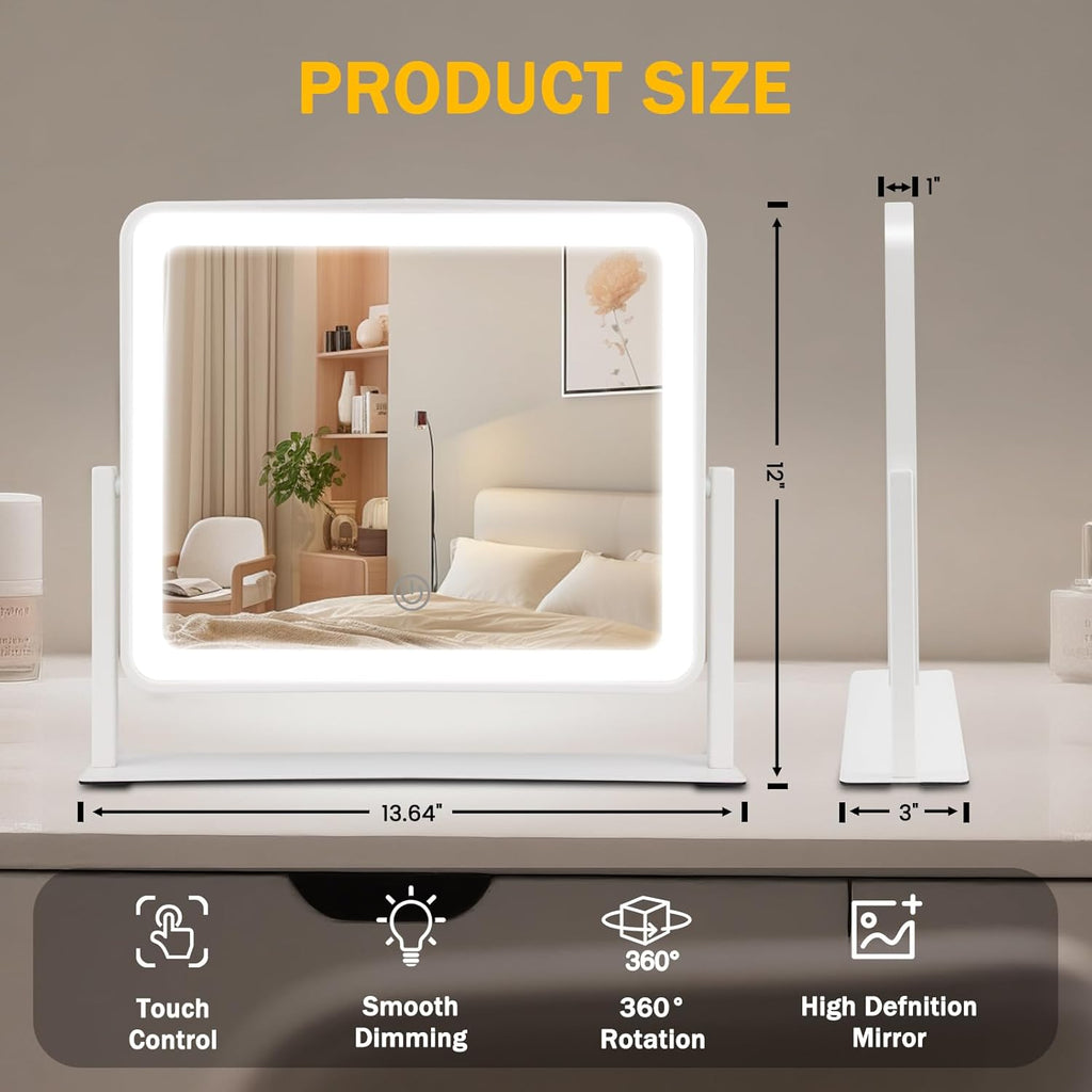 Vanity Mirror with Lights, 14"×12" LED Makeup Mirror, HD Professional Mirror, Smart Touch with 3-Color Lighting