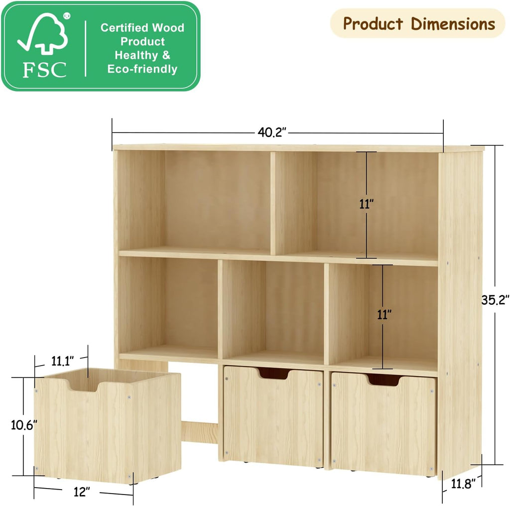 Solid Pine Wood Toy Storage Organizer, Kids Bookshelf and Toy Organizer with 3 Rolling Drawers, 5 Storage Cubes
