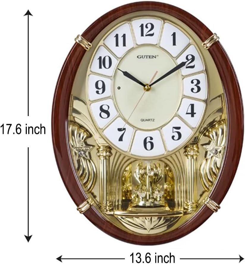 Melodies in Motion Musical Wall Clock - Chiming Wall Clock with Rotating Crystal Pendulum - 12 Melodies - Adjustable Volume - Night Shutoff