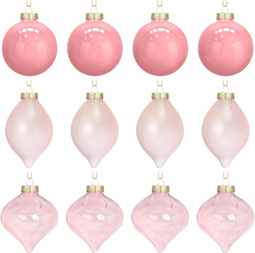 Vintage Pink Glass Christmas Ball Ornaments Set 3.15" - Set of 12