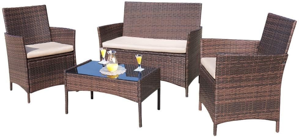 4 Pieces Outdoor Patio Furniture Sets Rattan Chair Wicker Set, Outdoor Indoor Use Backyard Porch Garden Poolside Balcony Furniture Sets Clearance (Brown and Beige) A106-B07412ZHMQ