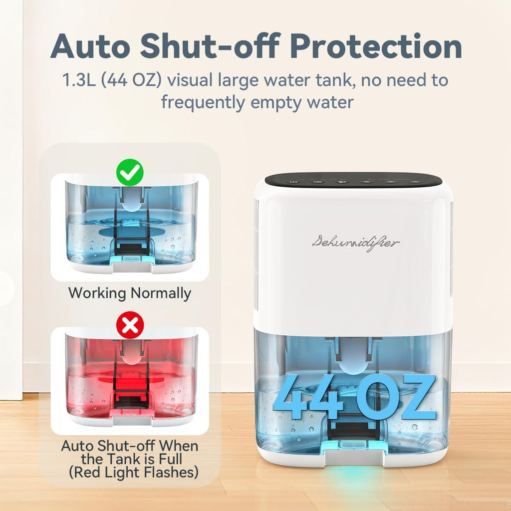 Small Dehumidifier for Home 44OZ Quiet with Auto Off & Defrost 5 Timers 3 modes 10 Color Lights 3 Brightness 260 Sq.ft