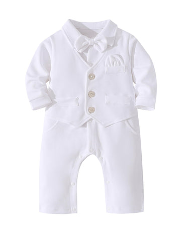 Baby Boy Clothes Suits Infant Gentleman Collared Dress With Bowtie Tuxedo Onesie Dressy Outfit(7089W, )