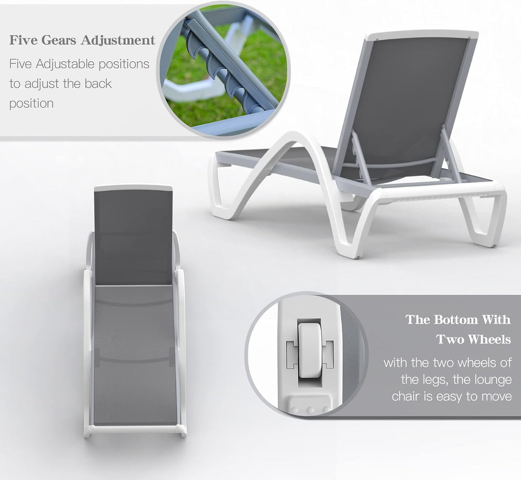 Outdoor Lounge Chair, Aluminum Patio Chaise Lounge with 5 Position Adjustable Backrest and Wheels, All Weather