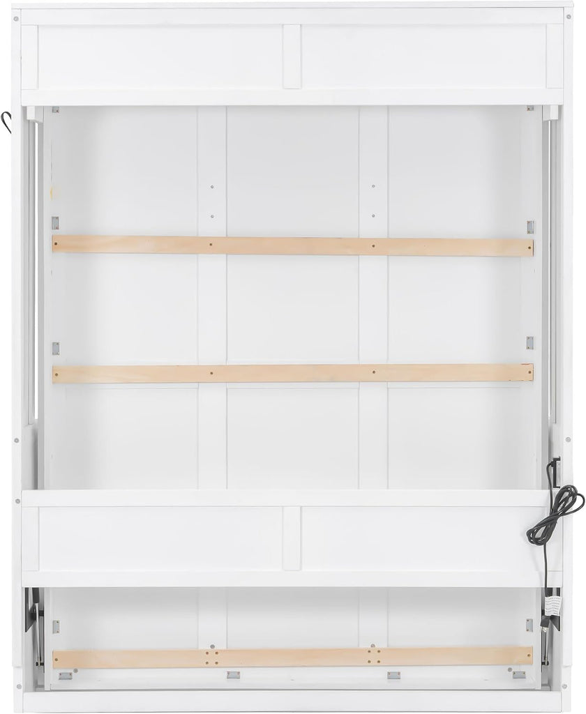 Queen Murphy Bed with Desk, LED Lights & USB Charging Station,Solid Wood Vertical Murphy Wall Bed Cabinet with Storage Shelves for Adults Bedroom Office Space-Saving (White,Queen)