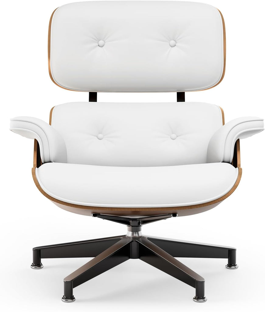 Mid-Century Modern Lounge Chair & Ottoman — White PU Leather, Walnut Base, Standard
