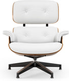 Mid-Century Modern Lounge Chair & Ottoman — White PU Leather, Walnut Base, Standard